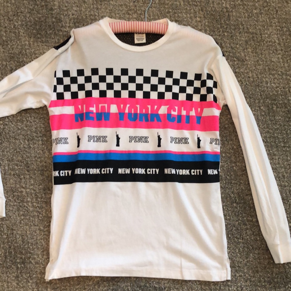 NWOT PINK New York City checkered print mesh accent long sleeve tee RARE - Picture 3 of 8